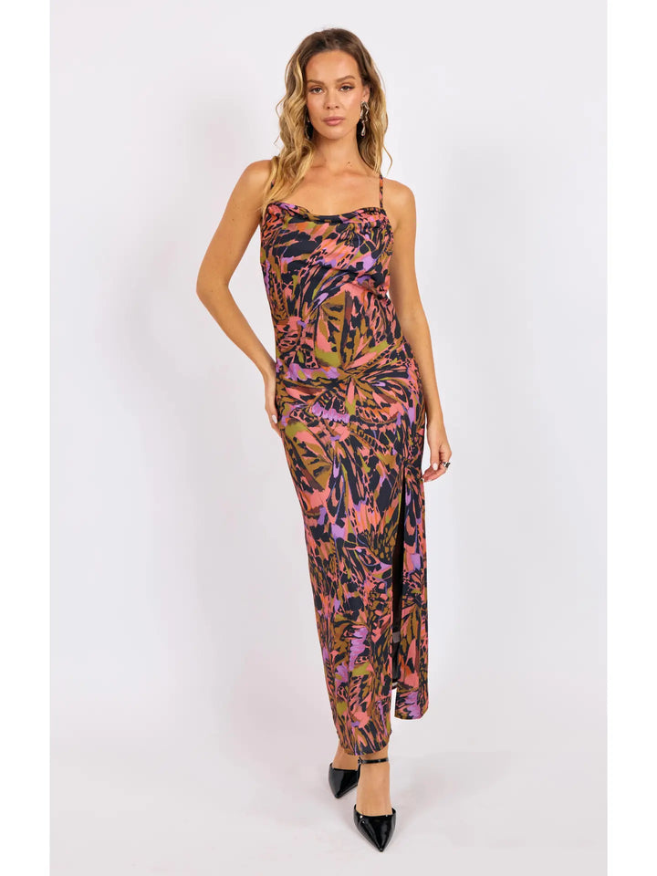 BUTTERFLY KISS HIGH SLIT BIAS MAXI SLIP DRESS