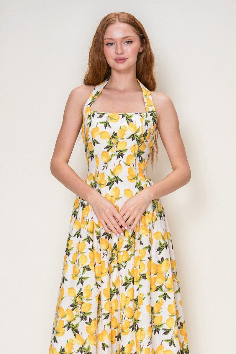 LEMON PRINT HALTER MIDI DRESS