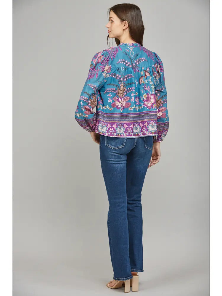 RUFFLED V NECK LONG SLEEVE BLOUSE