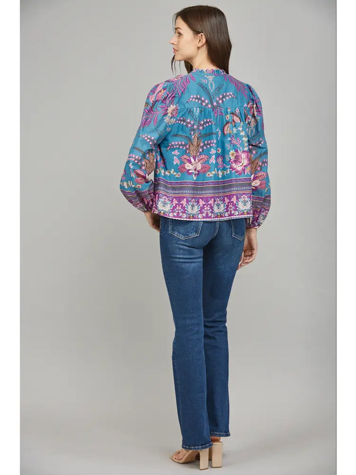 RUFFLED V NECK LONG SLEEVE BLOUSE