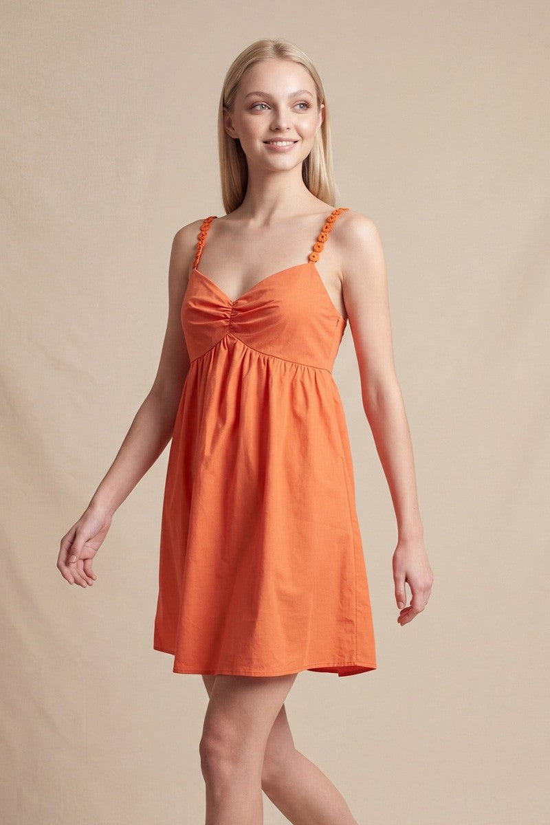 CROCHET RING DETAIL SLEEVELESS LINEN MINI DRESS