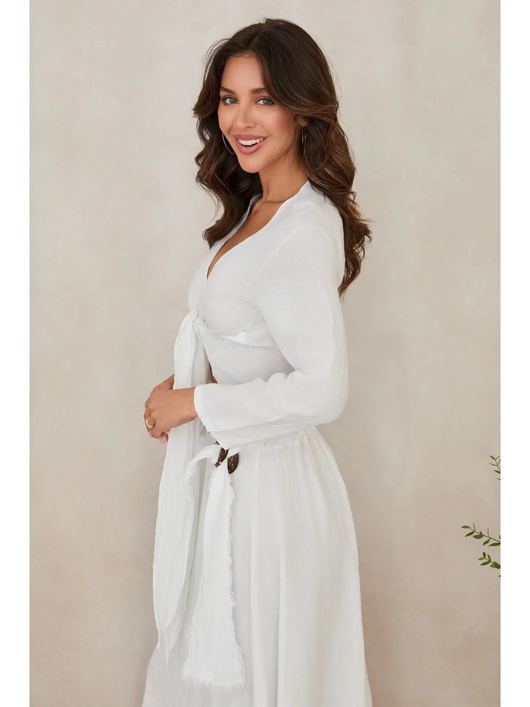 LINEN LONG SLEEVE TIE TOP