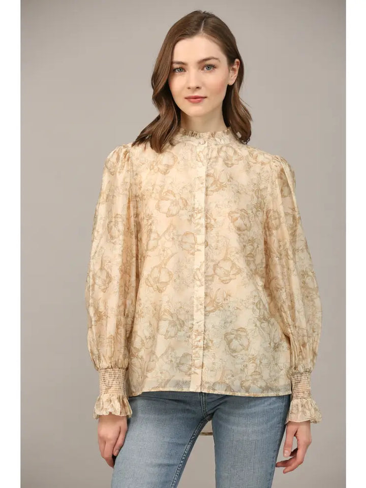 FLORAL PRINT RUFFLE NECK BLOUSE