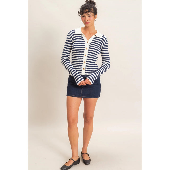 RIBBED STRIPED POLO KNIT TOP