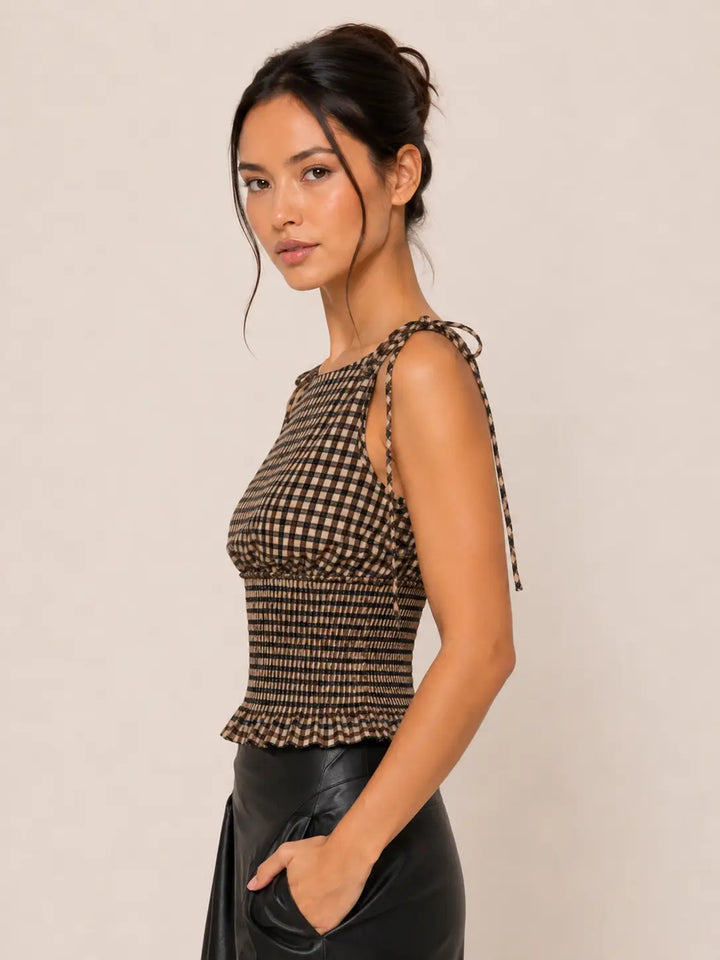 BOW TIED SHOULDER SMOCKY WAIST TOP
