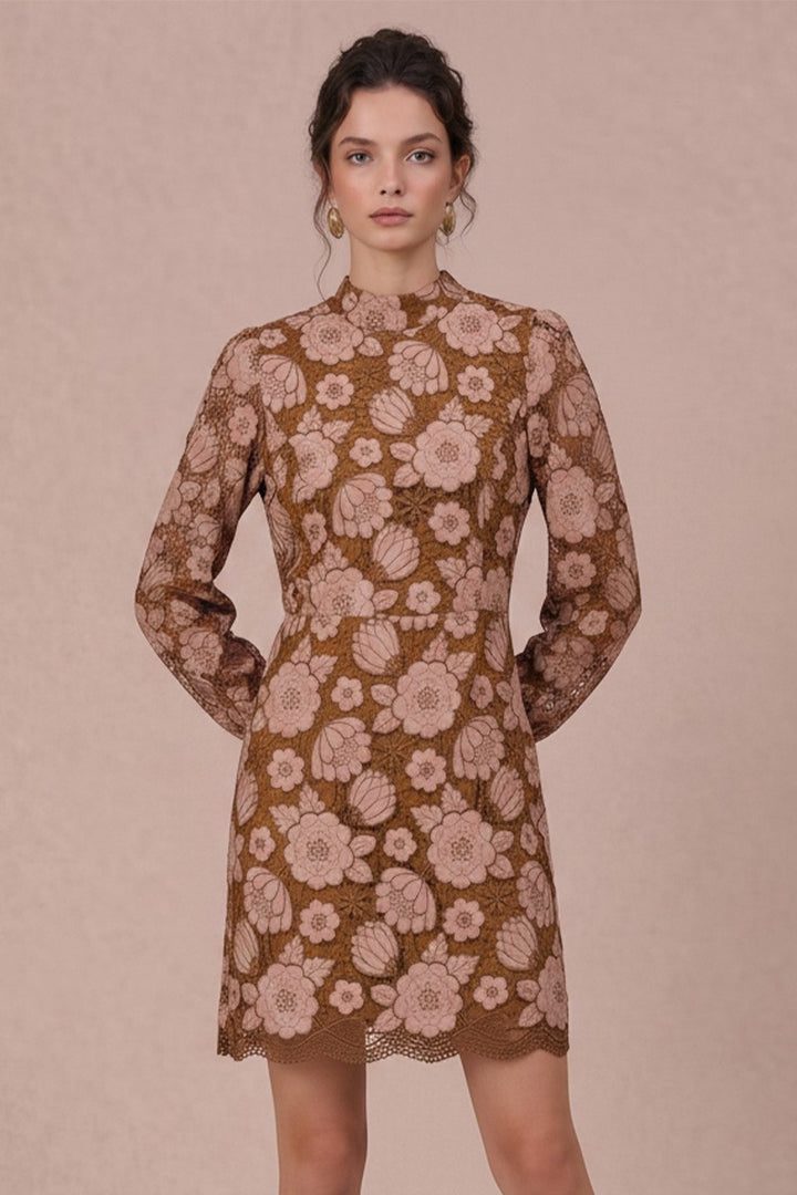 EMBROIDERED NECK BAND LONG SLEEVE MINI DRESS