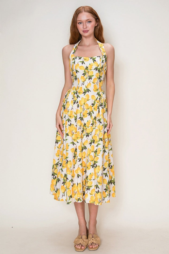 LEMON PRINT HALTER MIDI DRESS