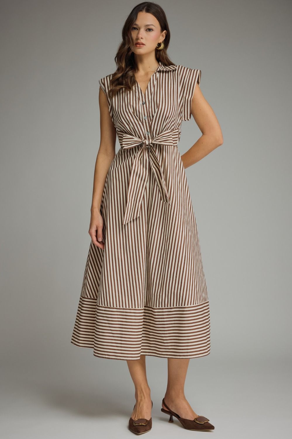 STRIPED CAP SLEEVE MIDI DRESS