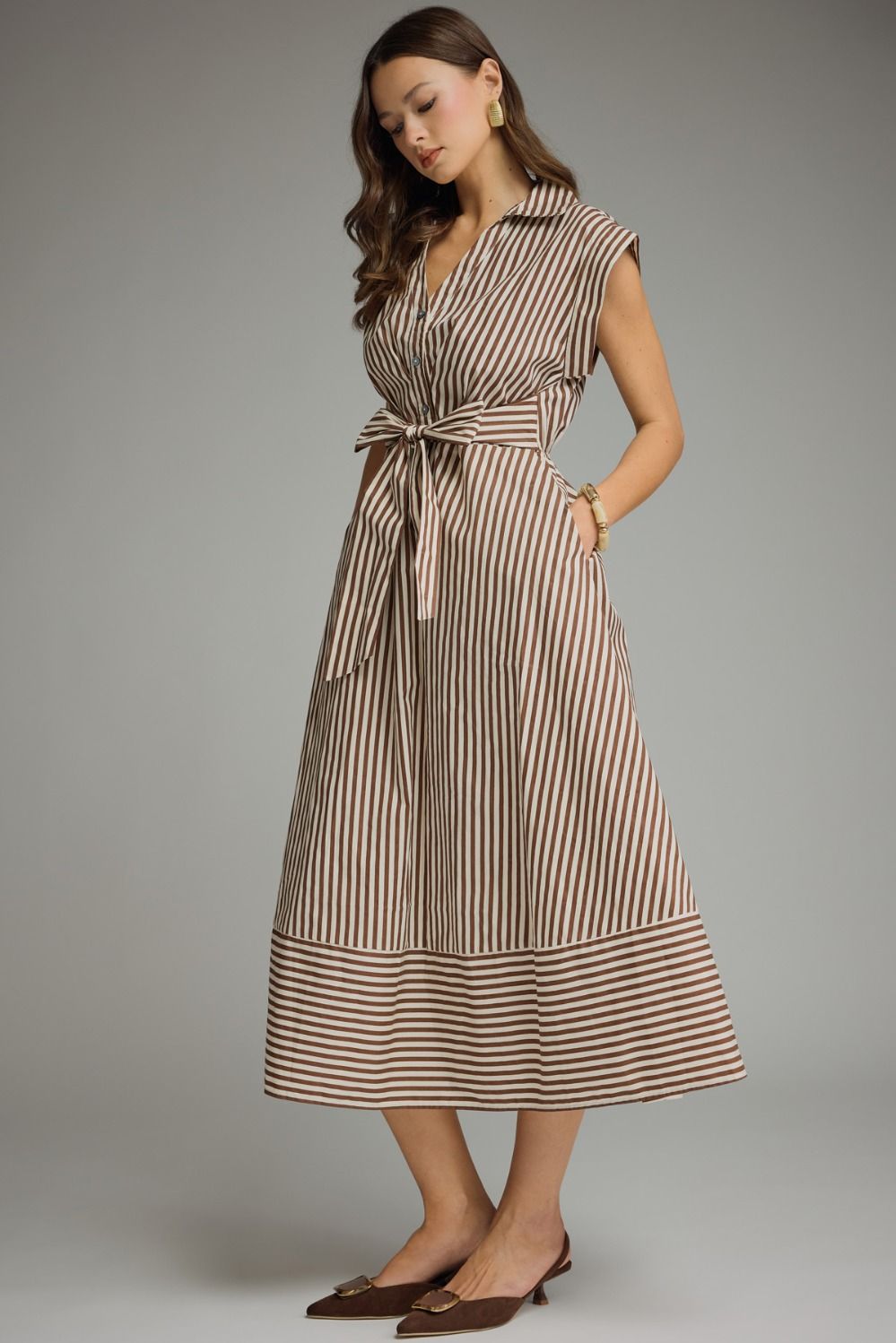 STRIPED CAP SLEEVE MIDI DRESS