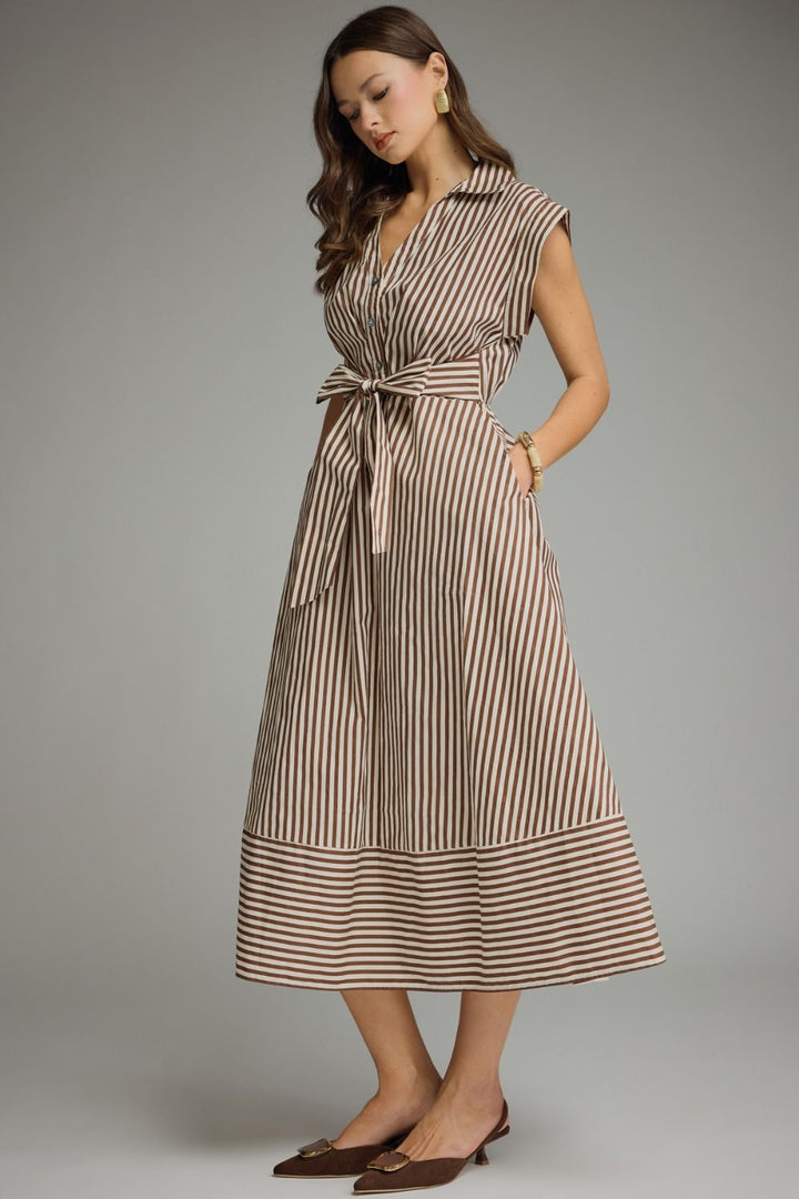 STRIPED CAP SLEEVE MIDI DRESS
