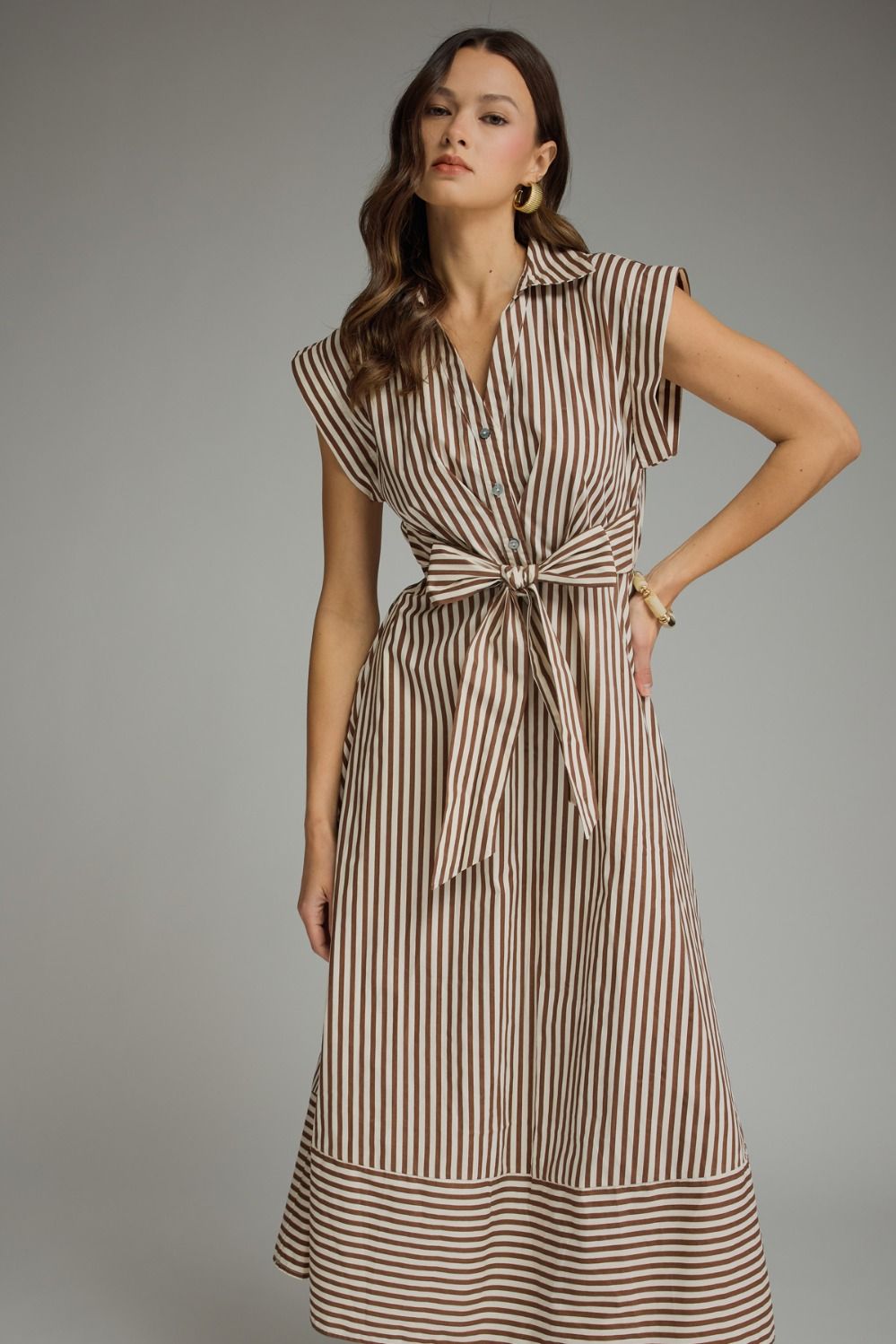 STRIPED CAP SLEEVE MIDI DRESS