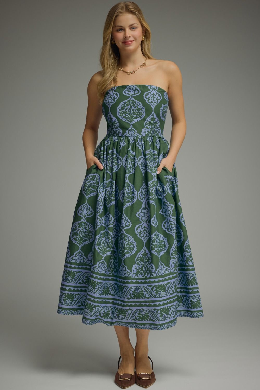 PRINTED STRAPLESS MIDI DRESS