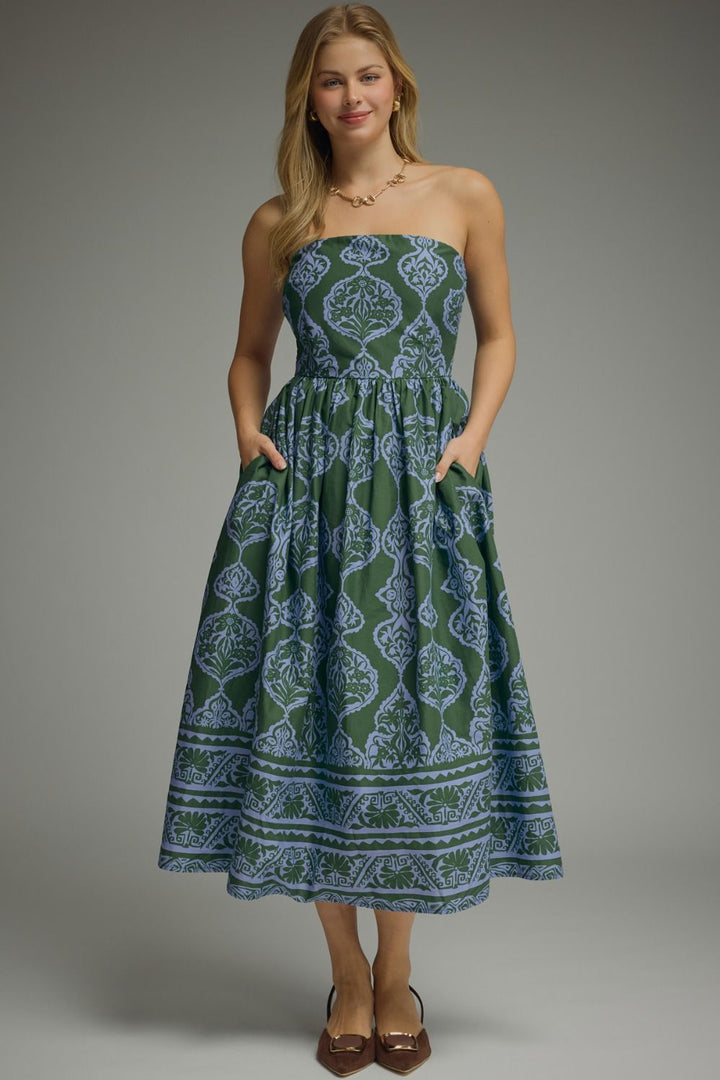 PRINTED STRAPLESS MIDI DRESS
