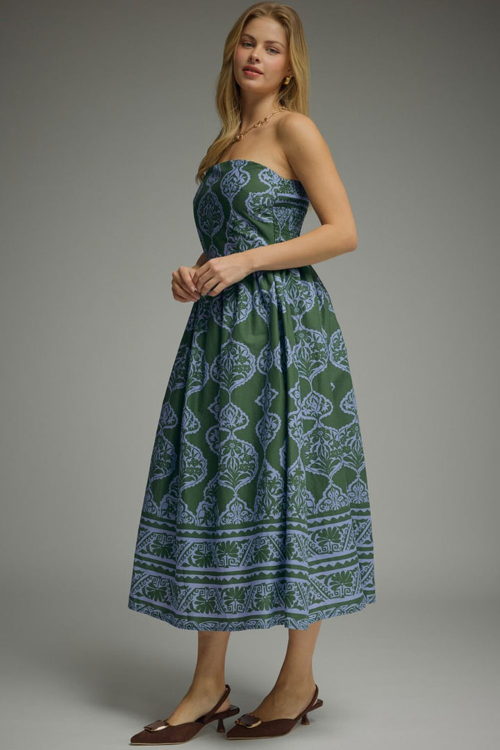 PRINTED STRAPLESS MIDI DRESS