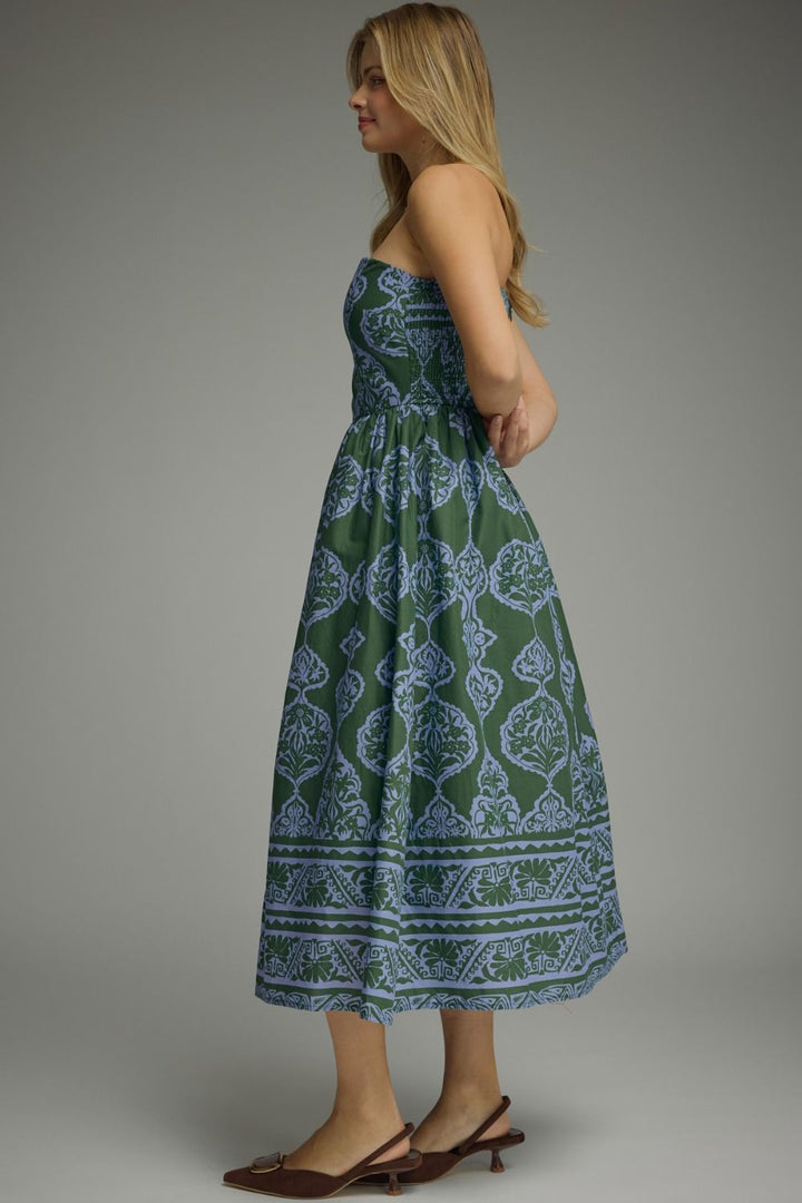 PRINTED STRAPLESS MIDI DRESS
