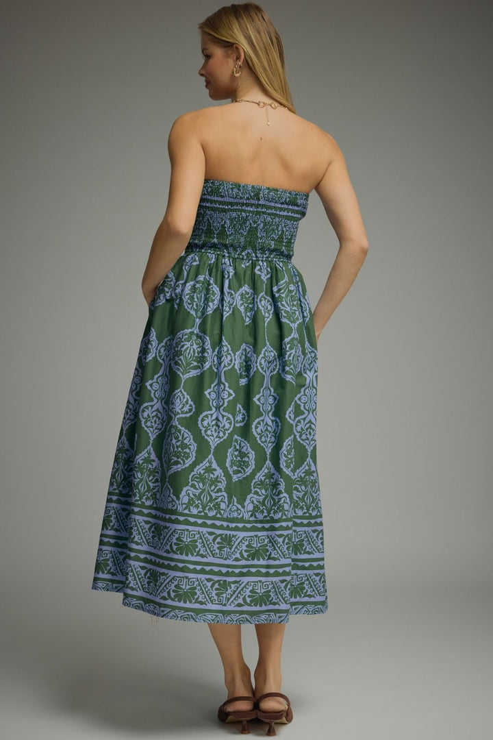 PRINTED STRAPLESS MIDI DRESS