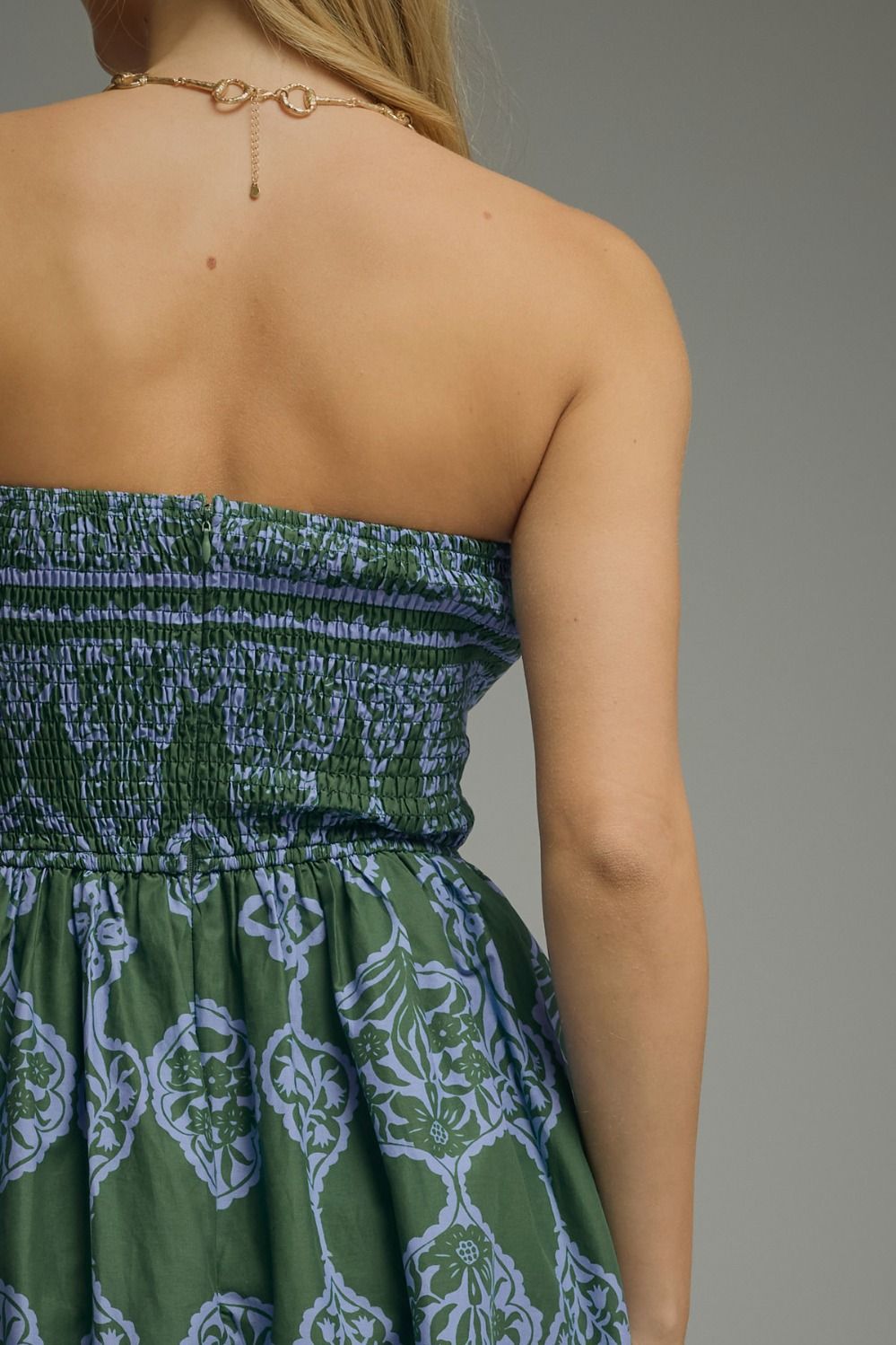 PRINTED STRAPLESS MIDI DRESS