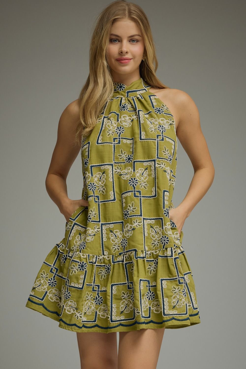 EMBROIDERED GEOMETRIC FLORAL PATTERN MINI DRESS
