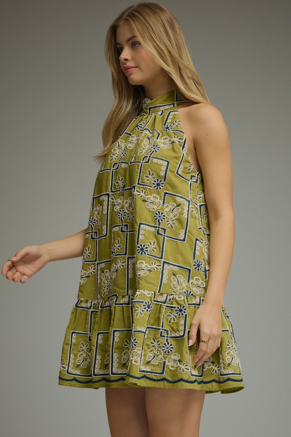EMBROIDERED GEOMETRIC FLORAL PATTERN MINI DRESS