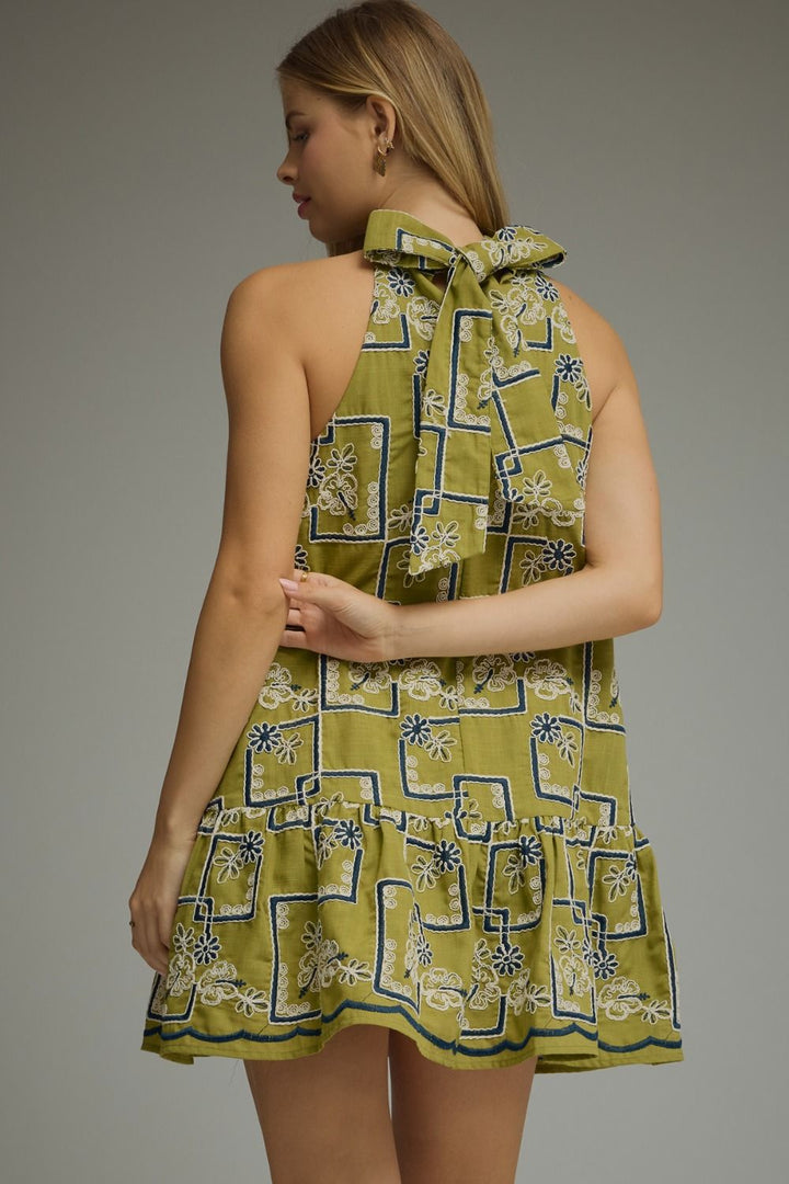 EMBROIDERED GEOMETRIC FLORAL PATTERN MINI DRESS