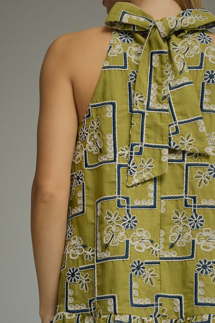 EMBROIDERED GEOMETRIC FLORAL PATTERN MINI DRESS