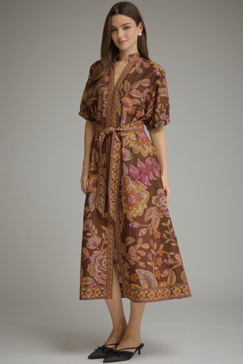 FLORAL SHORT PUFF SLEEVE MIDI DRESS