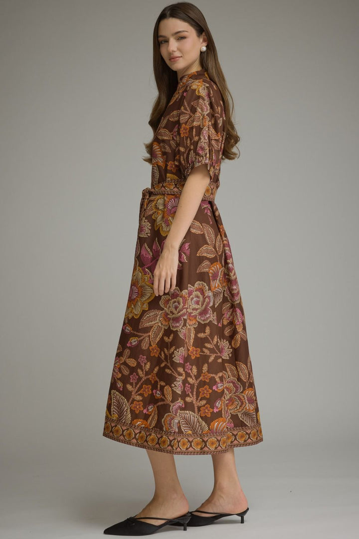 FLORAL SHORT PUFF SLEEVE MIDI DRESS