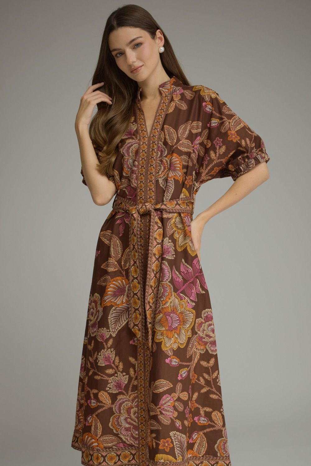 FLORAL SHORT PUFF SLEEVE MIDI DRESS