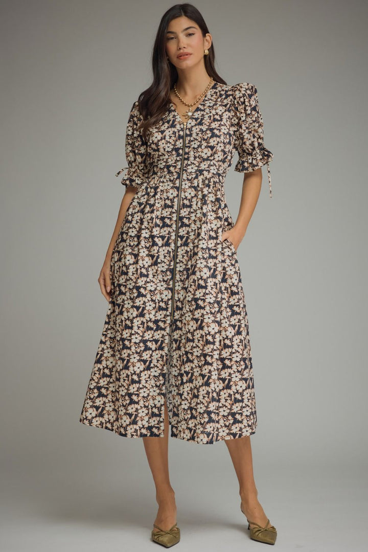 FLORAL PRINT SHORT PUFF SLEEVE MIDI DRESS