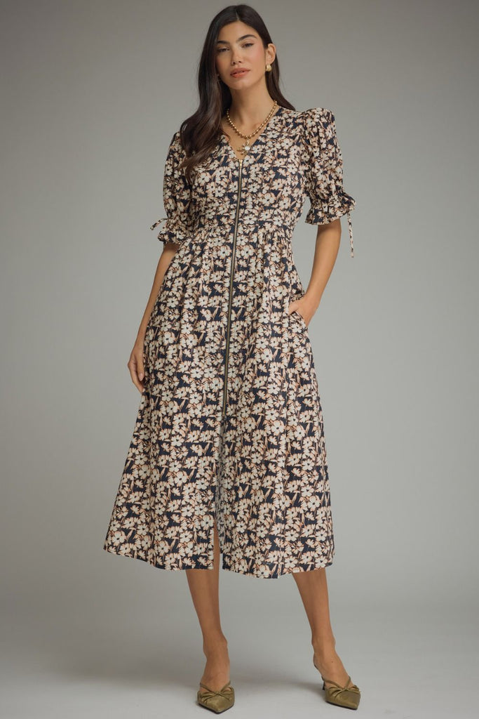 SunflowerPrinted Midi Dress Sサイズ FLORAL PRINT SHORT PUFF SLEEVE MIDI DRESS – Copper Penny