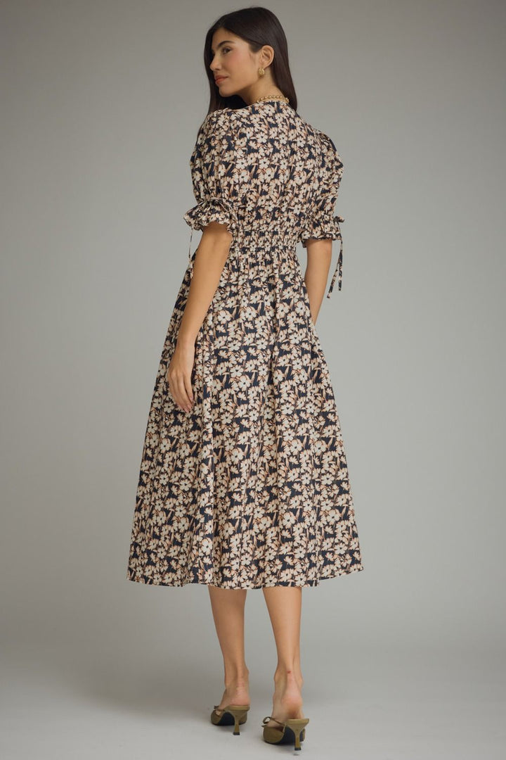 FLORAL PRINT SHORT PUFF SLEEVE MIDI DRESS