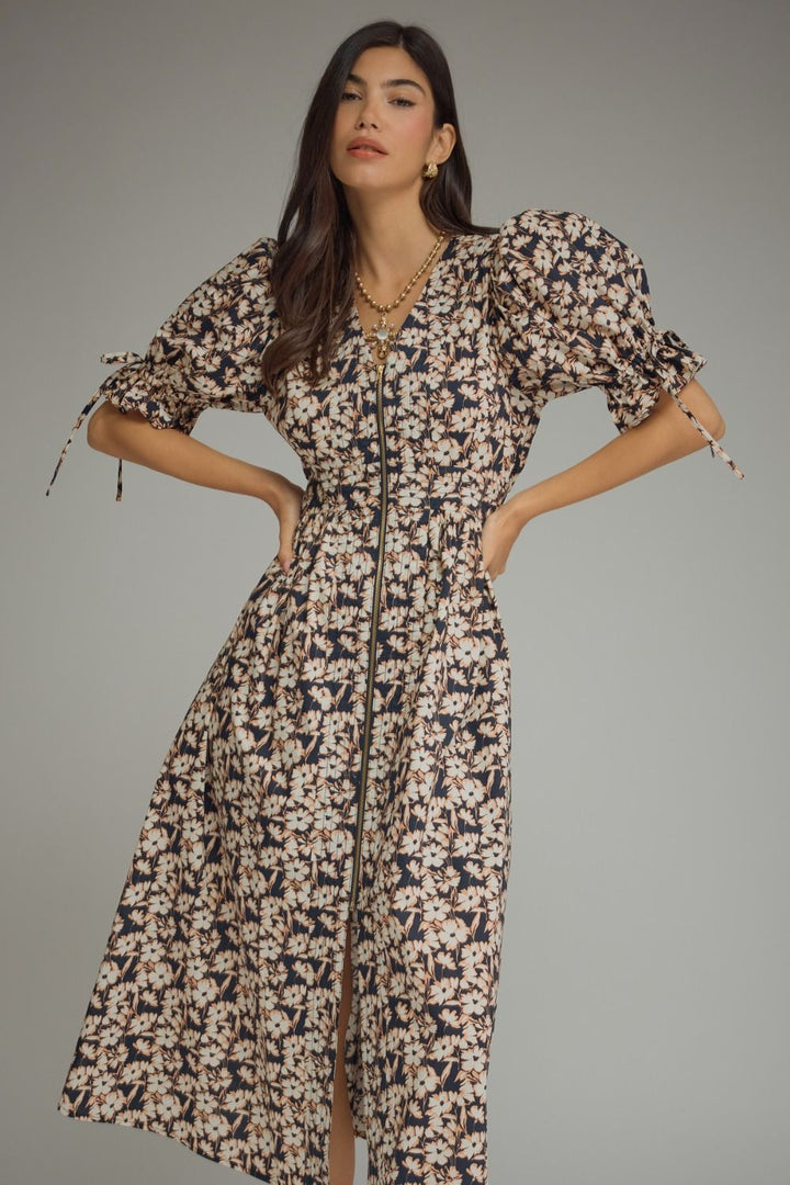 FLORAL PRINT SHORT PUFF SLEEVE MIDI DRESS