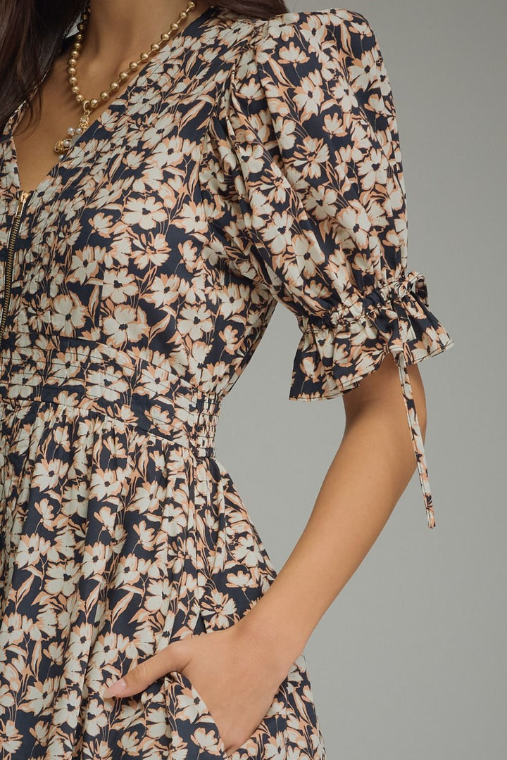 FLORAL PRINT SHORT PUFF SLEEVE MIDI DRESS
