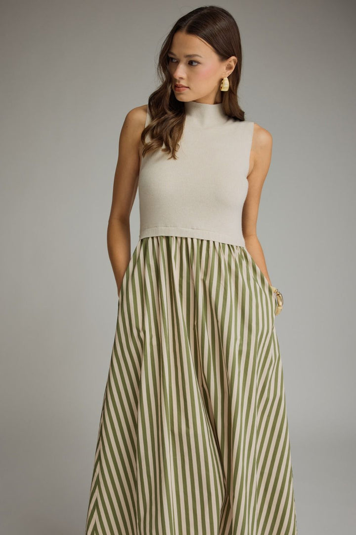 SOLID MOCK NECK SLEEVELESS MIDI DRESS