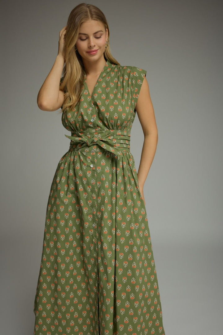 GEO PRINT SLEEVELESS MIDI DRESS