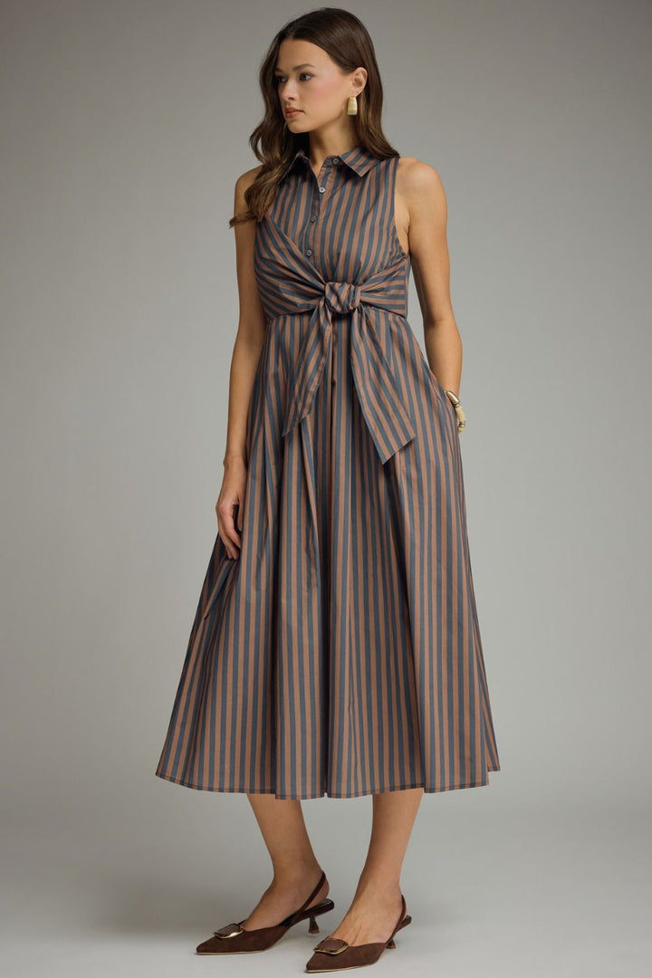 STRIPED COLLARED SLEEVELESS MIDI DRESS