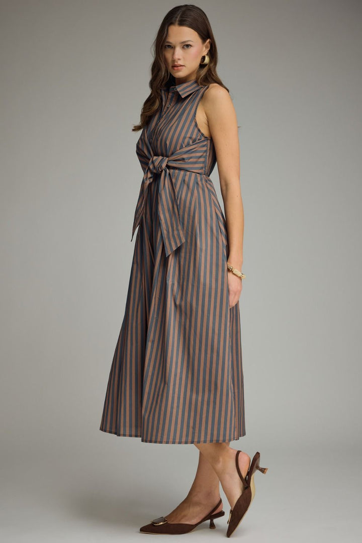 STRIPED COLLARED SLEEVELESS MIDI DRESS