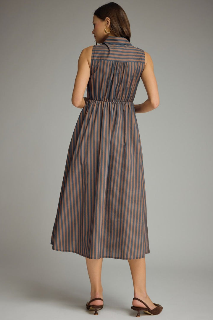 STRIPED COLLARED SLEEVELESS MIDI DRESS