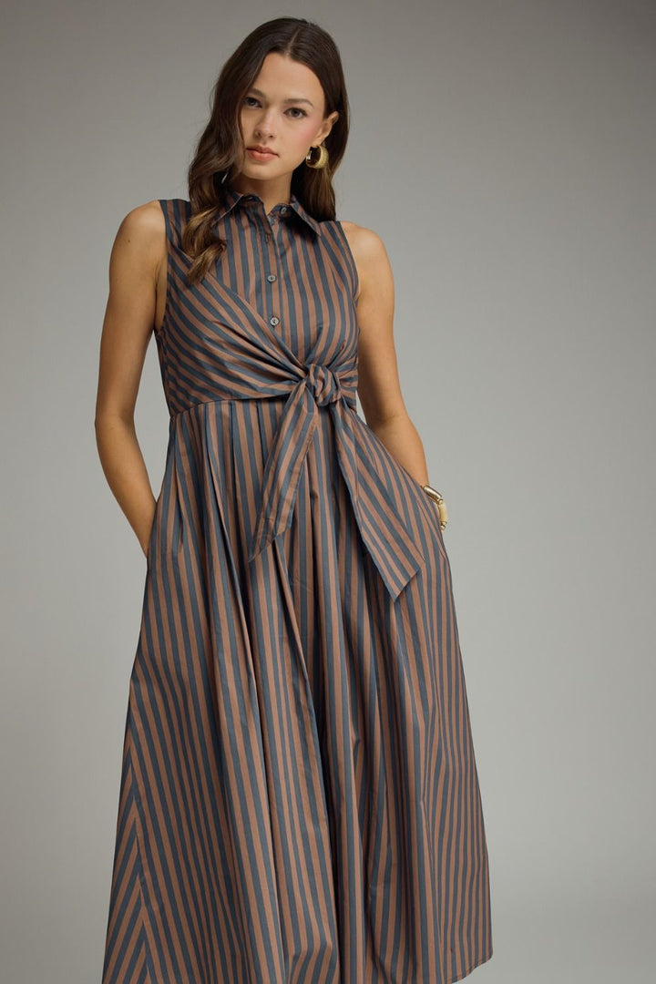 STRIPED COLLARED SLEEVELESS MIDI DRESS