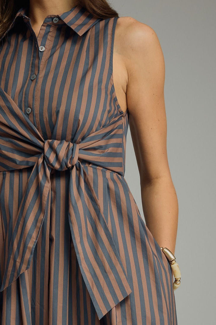 STRIPED COLLARED SLEEVELESS MIDI DRESS