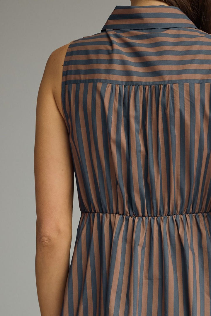 STRIPED COLLARED SLEEVELESS MIDI DRESS