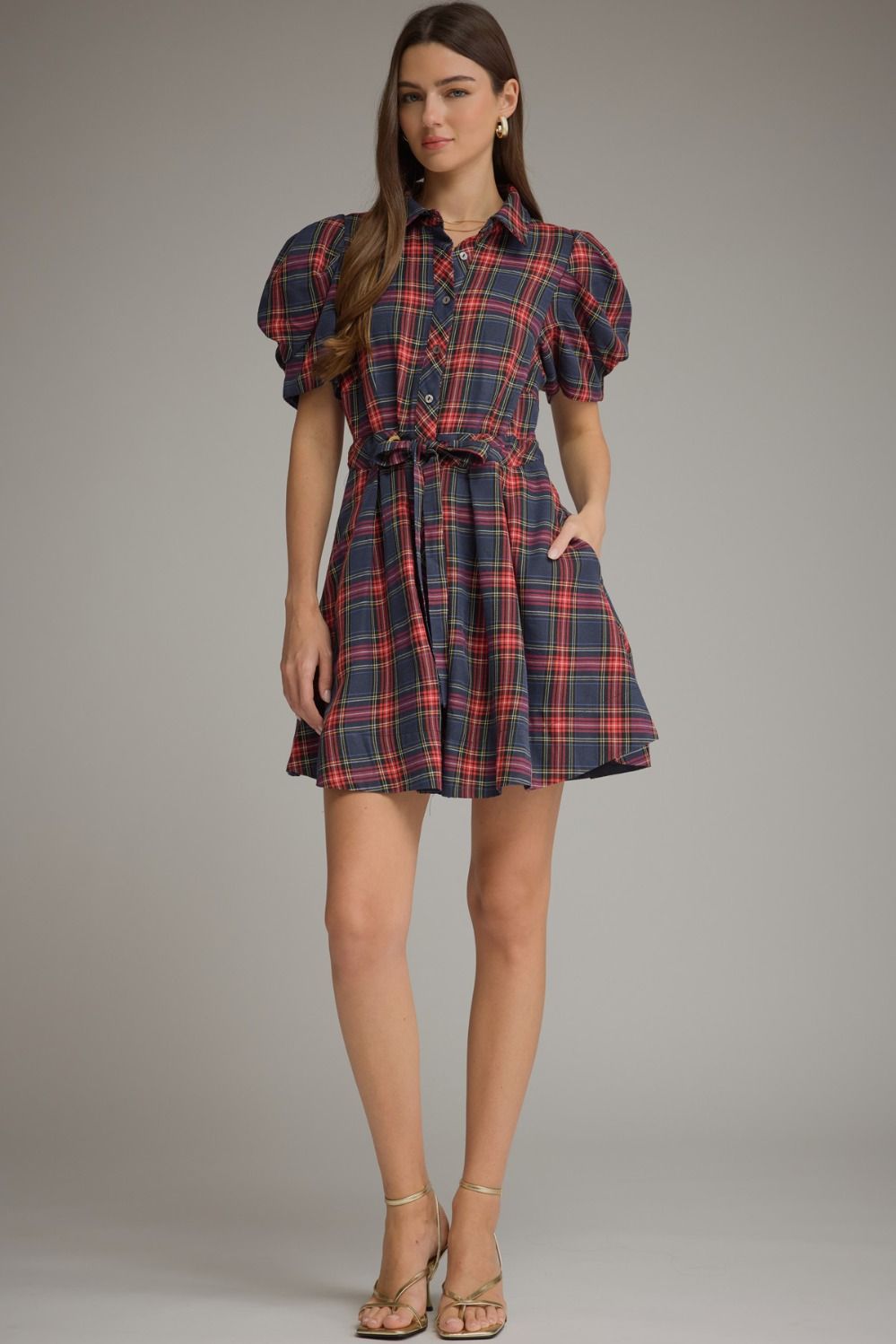 PLAID SHORT PUFF SLEEVE MINI DRESS