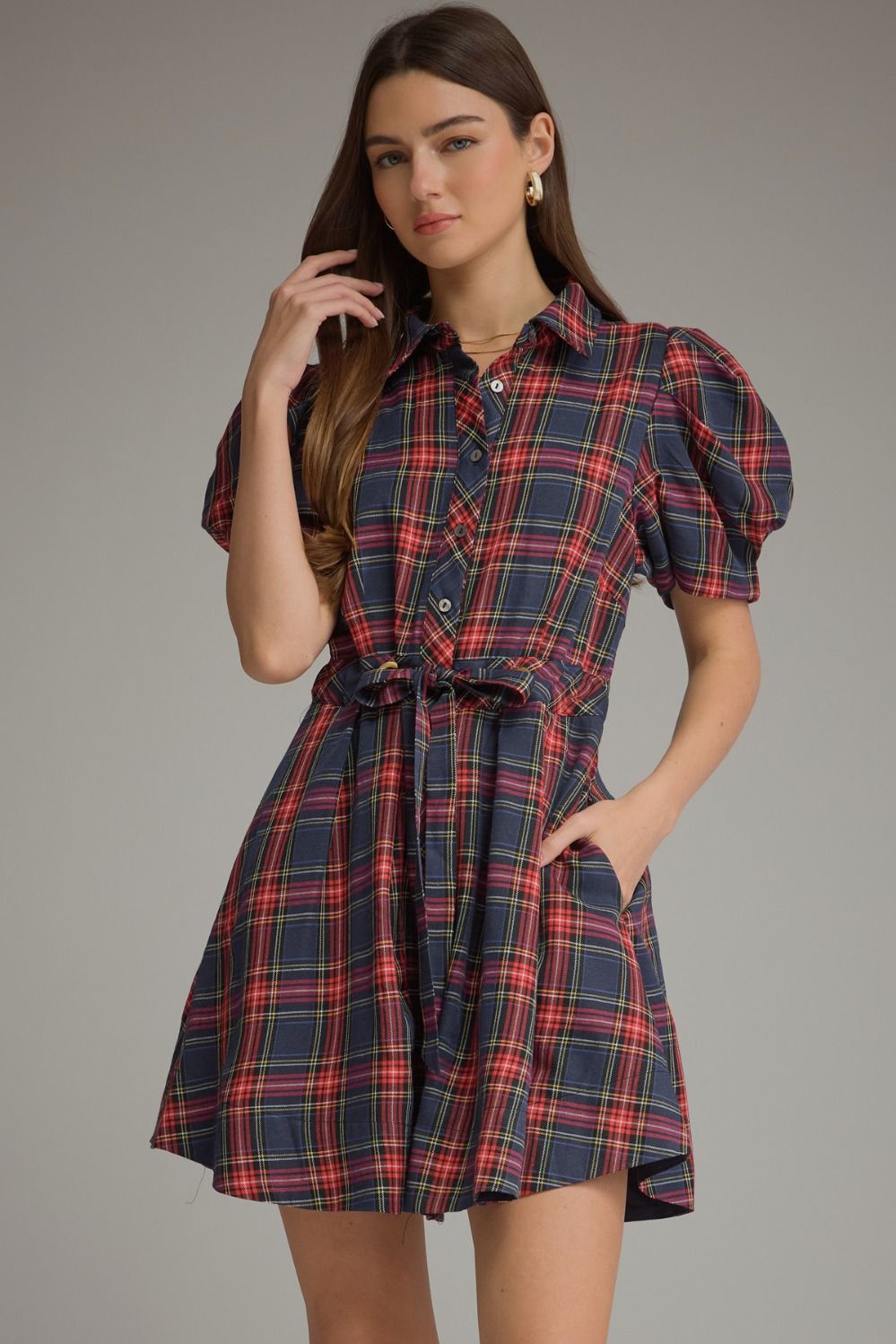 PLAID SHORT PUFF SLEEVE MINI DRESS