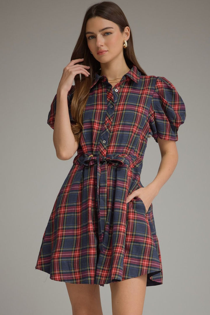 PLAID SHORT PUFF SLEEVE MINI DRESS