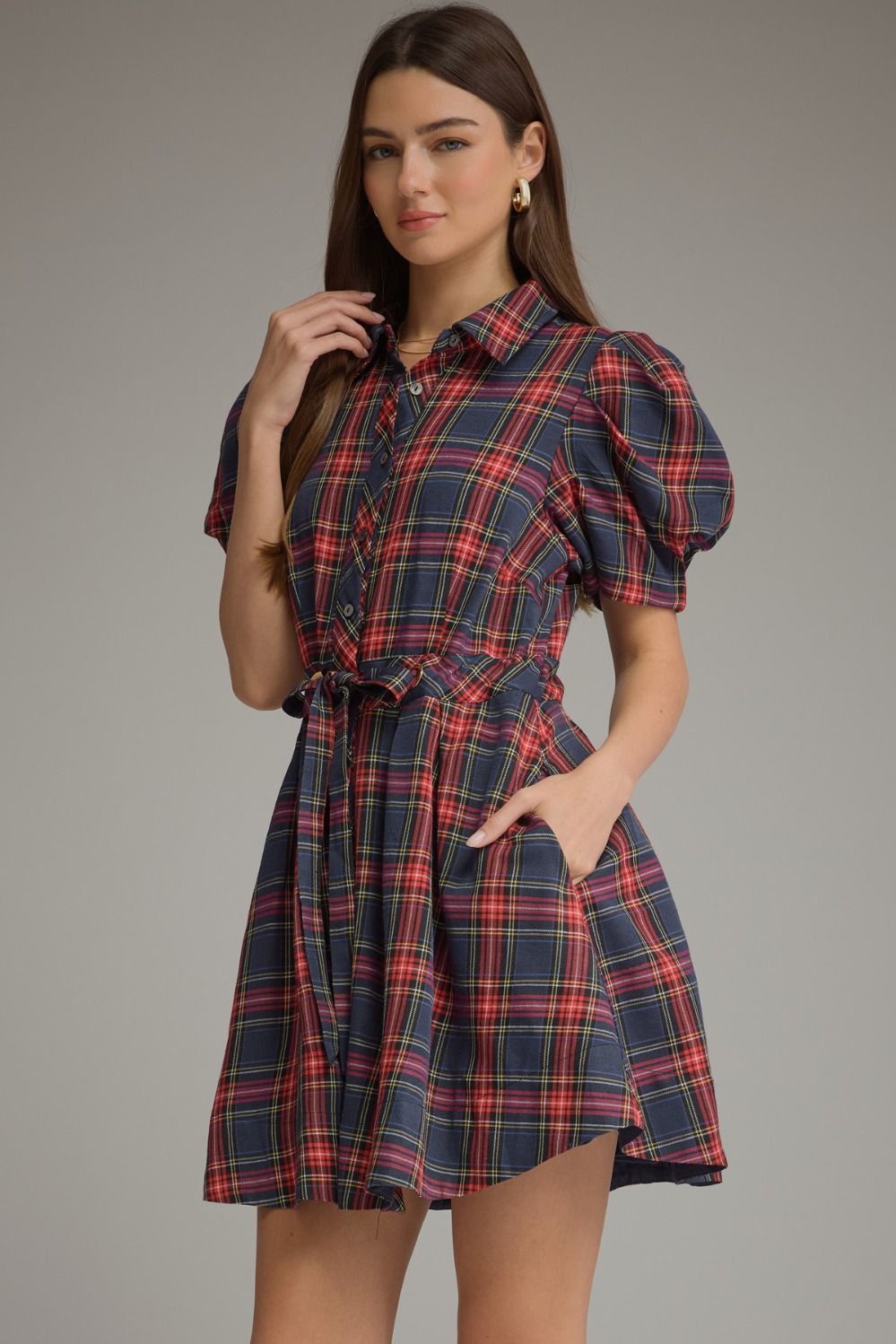 PLAID SHORT PUFF SLEEVE MINI DRESS