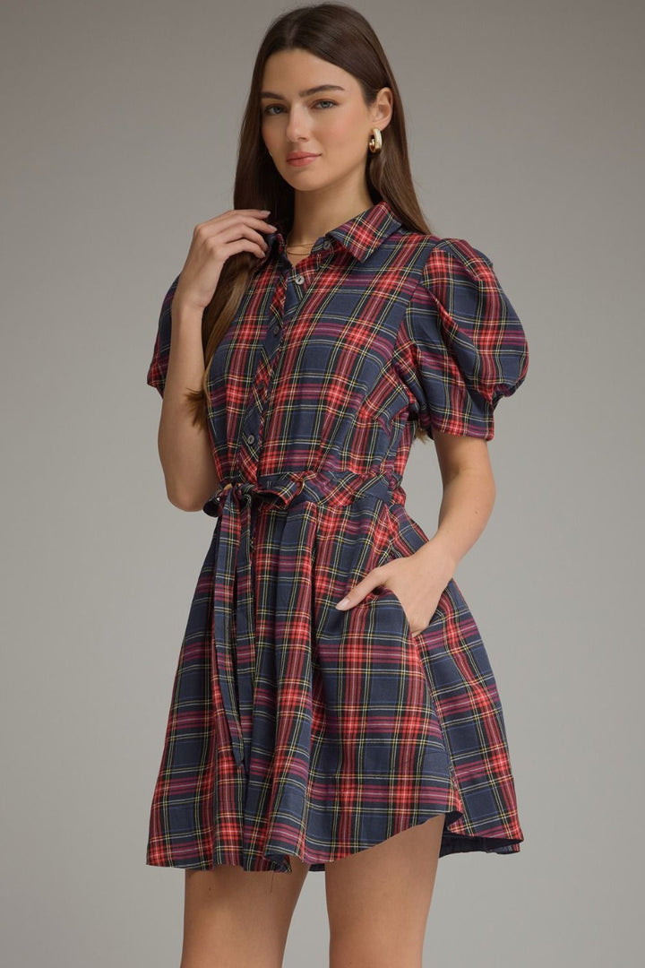 PLAID SHORT PUFF SLEEVE MINI DRESS