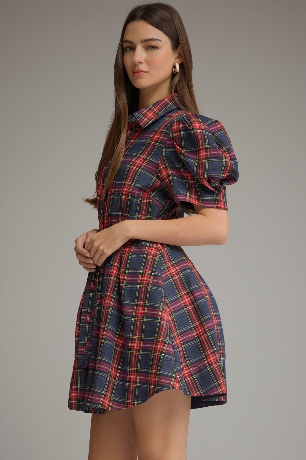 PLAID SHORT PUFF SLEEVE MINI DRESS
