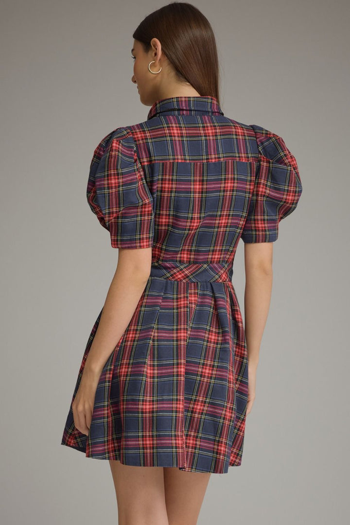 PLAID SHORT PUFF SLEEVE MINI DRESS