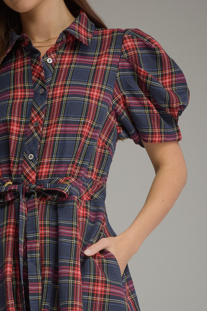 PLAID SHORT PUFF SLEEVE MINI DRESS