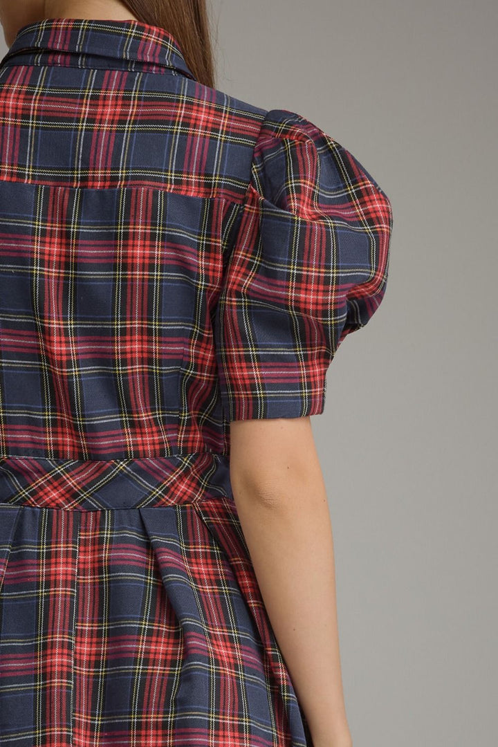 PLAID SHORT PUFF SLEEVE MINI DRESS
